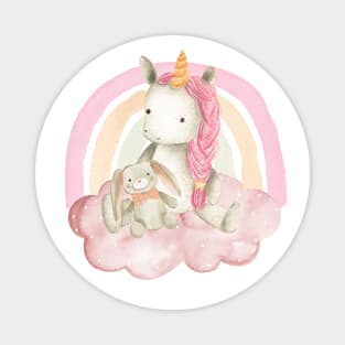 Cute pink baby unicorn with her favourite bunny toy sitting on a fluffy pink cloud Magnet